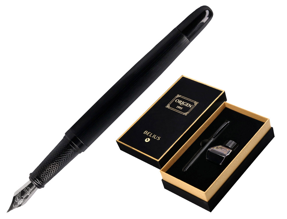 PLUMA Y FRASCO DE TINTA BELIUS ORIGEN 1995 ALUMINIO TEXTURA CEPILLADA COLOR NEGRO TINTA NEGRA CAJA DISEO