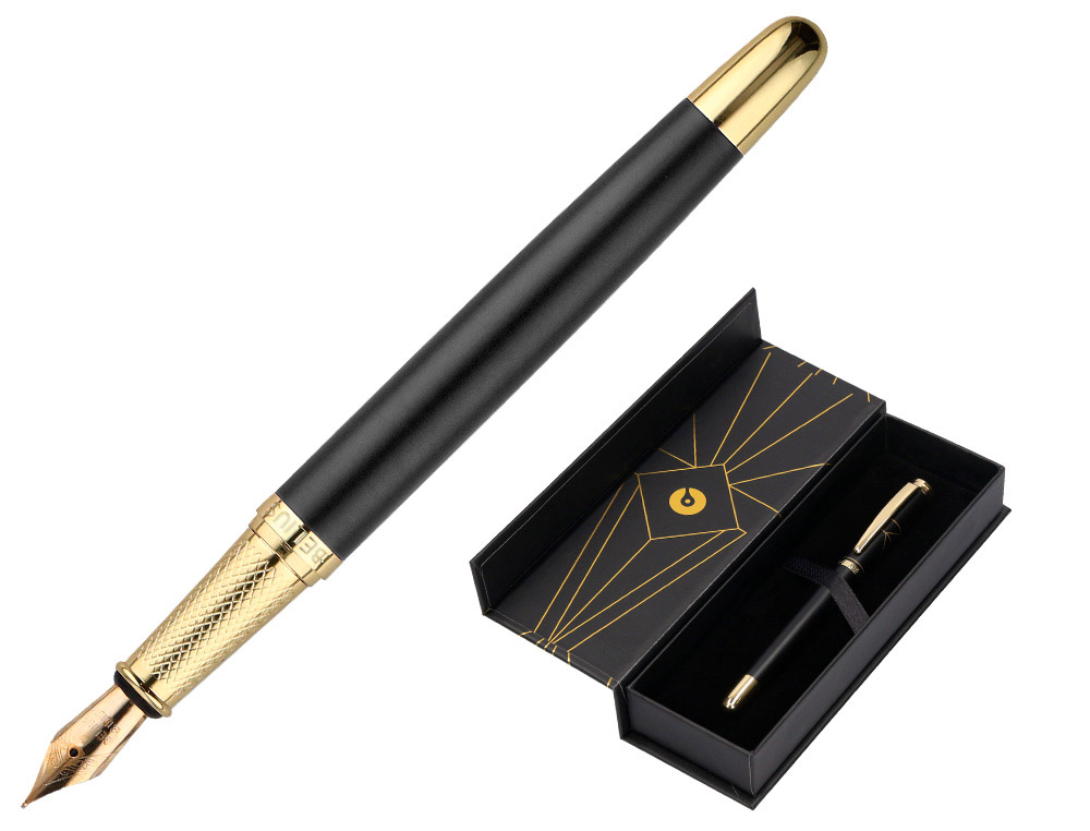 PLUMA BELIUS SOIREE ALUMINIO COLOR ART DECO NEGRO Y DORADO TINTA AZUL CAJA DE DISEO