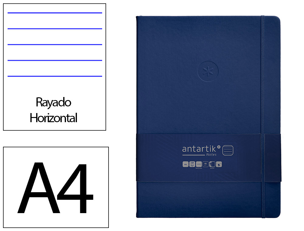 CUADERNO CON GOMILLA ANTARTIK NOTES TAPA DURA A4 HOJAS RAYAS AZUL MARINO 100 HOJAS 80 GR FSC