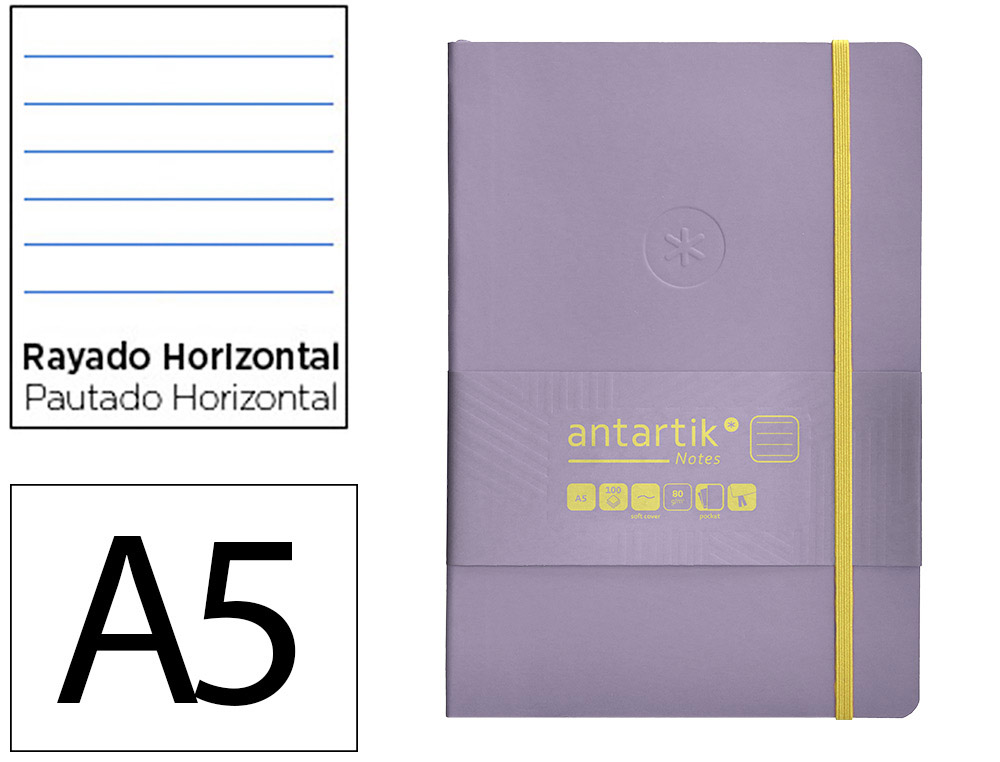 CUADERNO CON GOMILLA ANTARTIK NOTES TAPA BLANDA A5 HOJAS RAYAS MORADO Y AMARILLO 80 HOJAS 80 GR FSC