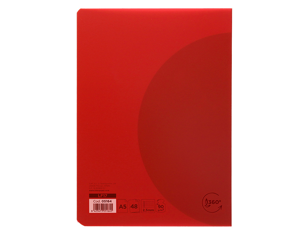 LIBRETA LIDERPAPEL 360 TAPA DE PLASTICO A5 48 HOJAS 90G/M2 PAUTA 5 2,5MM CON MARGEN COLORES SURTIDOS