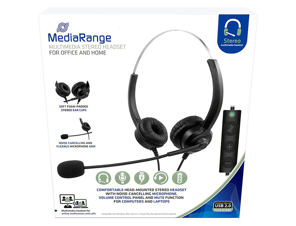 AURICULAR MEDIARANGE BIAURAL DIADEMA CON MICROFONO CABLE 2 MT