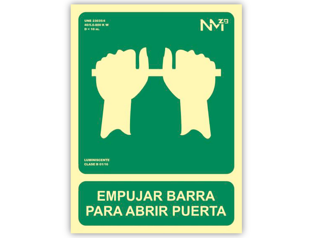 PICTOGRAMA ARCHIVO 2000 EMPUJAR BARRA PARA ABRIR PUERTA PVC VERDE LUMINISCENTE 224X300 MM