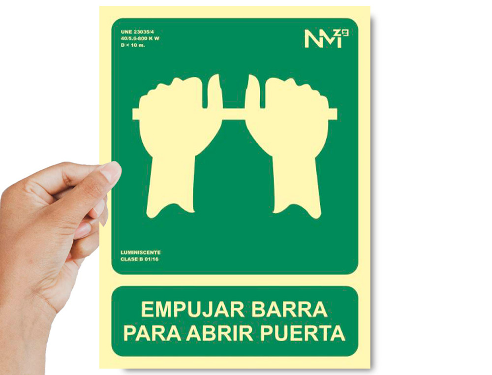 PICTOGRAMA ARCHIVO 2000 EMPUJAR BARRA PARA ABRIR PUERTA PVC VERDE LUMINISCENTE 224X300 MM