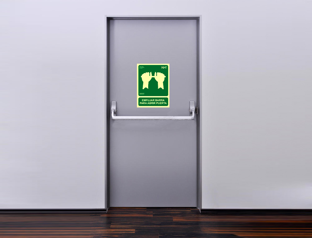 PICTOGRAMA ARCHIVO 2000 EMPUJAR BARRA PARA ABRIR PUERTA PVC VERDE LUMINISCENTE 224X300 MM