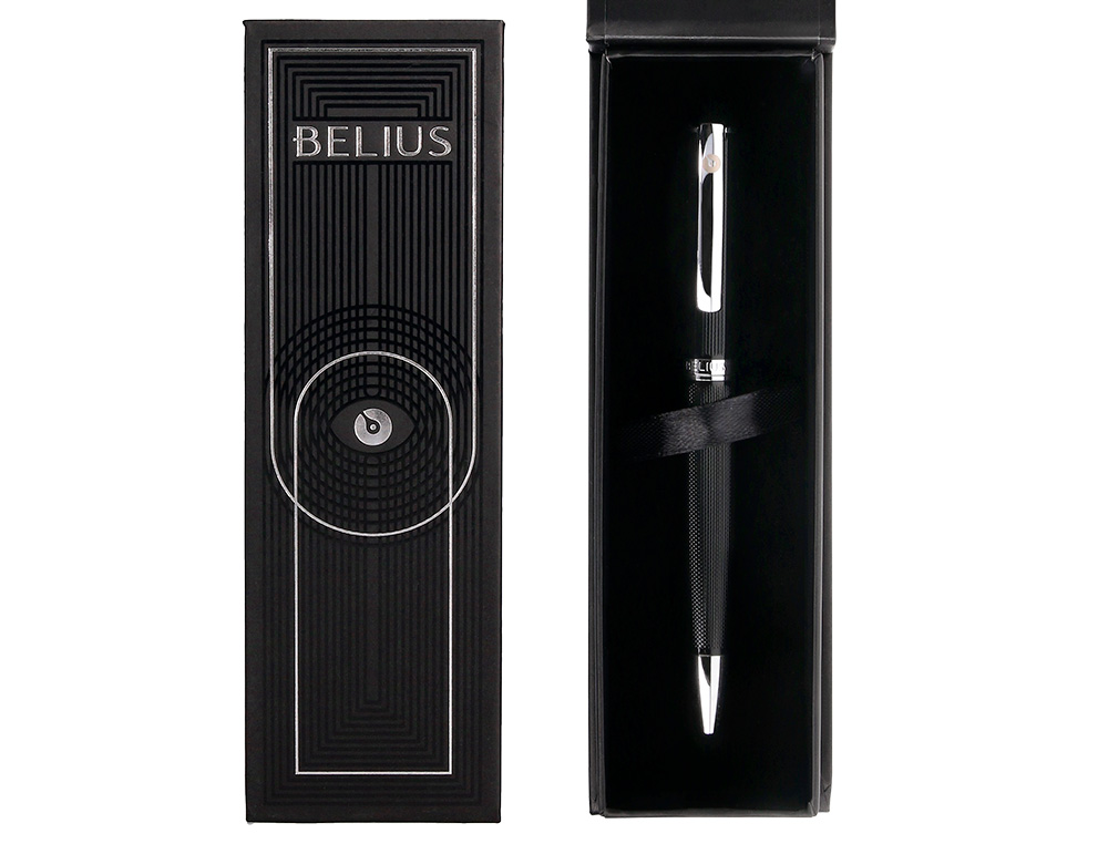 ROLLER BELIUS TURBO ALUMINIO TEXTURA PUNTEADA COLOR NEGRO Y PLATEADO TINTA AZUL CAJA DE DISEÑO