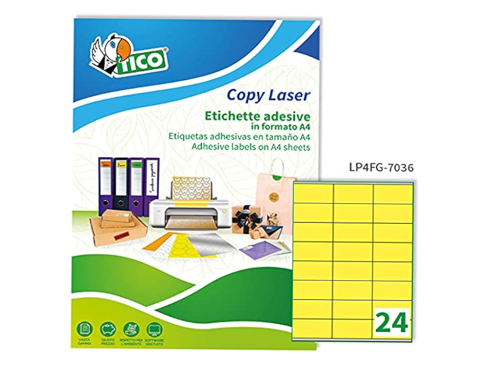 ETIQUETA ADHESIVA TICO AMARILL O FLUORESCENTESES PERMANENTE FSC LASER/INKJET/FOTOCOPIA 70X36MM CAJA DE 1680 UNIDADES