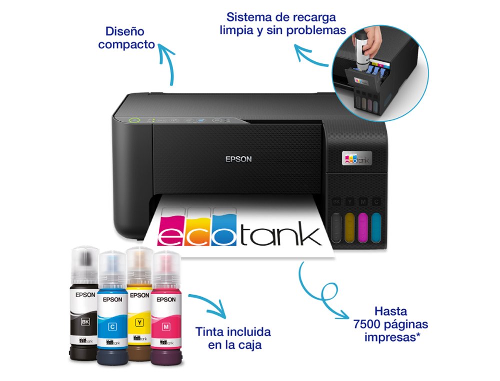 EQUIPO MULTIFUNCION EPSON ECOTANK ET-2860 TINTA COLOR DIN A4 33 PPM NEGRO / 15 PPM COLOR WIFI IMPRESORA ESCANER