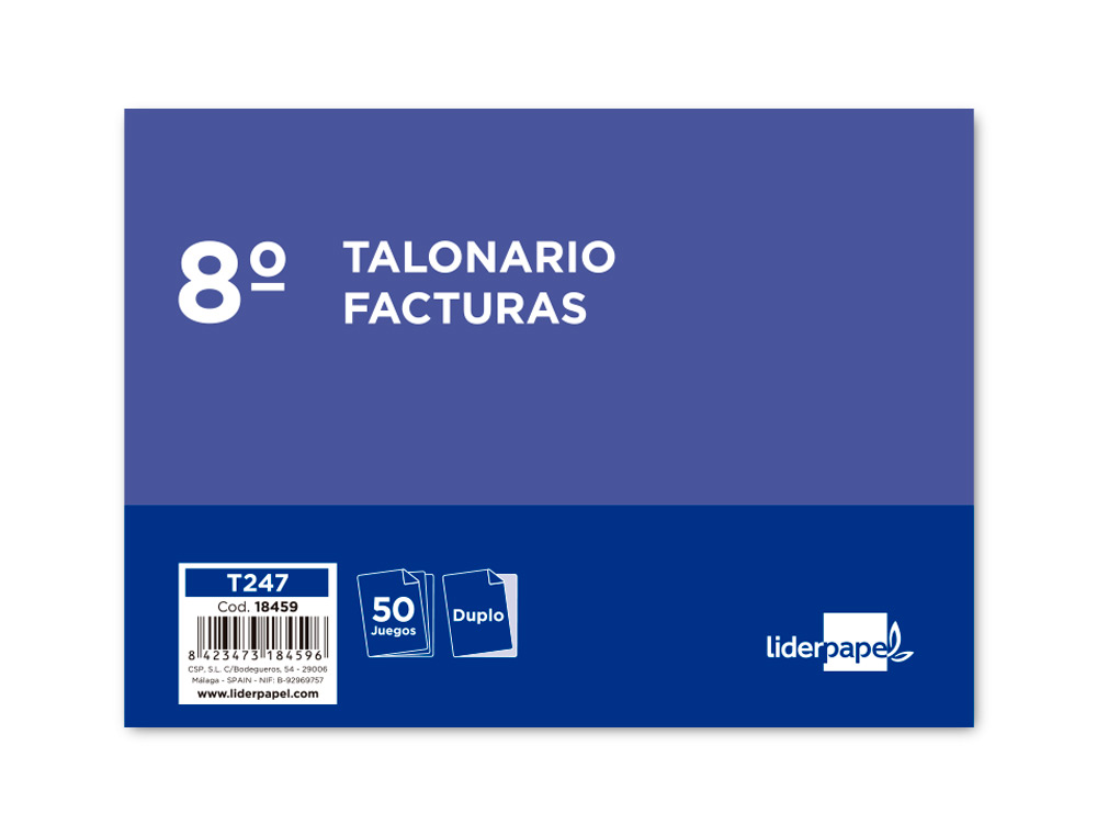 TALONARIO LIDERPAPEL FACTURAS 8º ORIGINAL Y COPIA T247 APAISADO SIN I.V.A