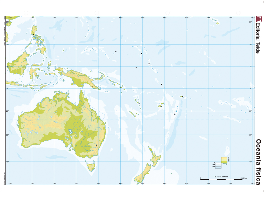 MAPA MUDO COLOR DIN A4 OCEANIA FISICO