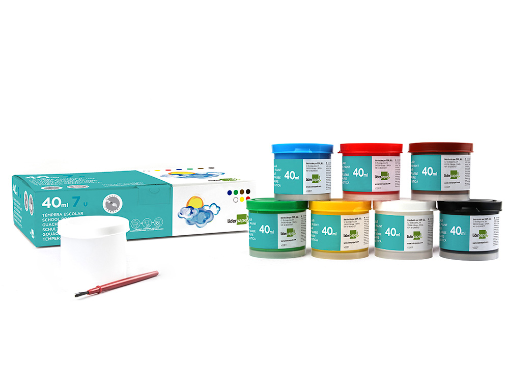 TEMPERA LIDERPAPEL ESCOLAR 40 ML CAJA 7 COLORES SURTIDOS + PINCEL