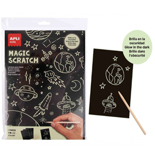 LAMINAS MAGIC SCRATCH APLI DIBUJOS FOSFORESCENTES, BRILLAN EN LA OSCURIDAD 