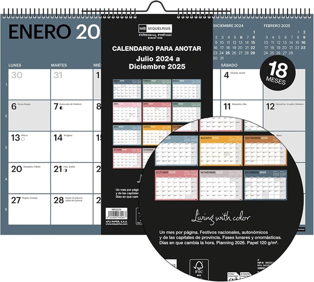 CALENDARIO DE PARED MIQUELRIUS A3 CON ESPACIO PARA ANOTAR CASTELLANO 18 MESES 2025