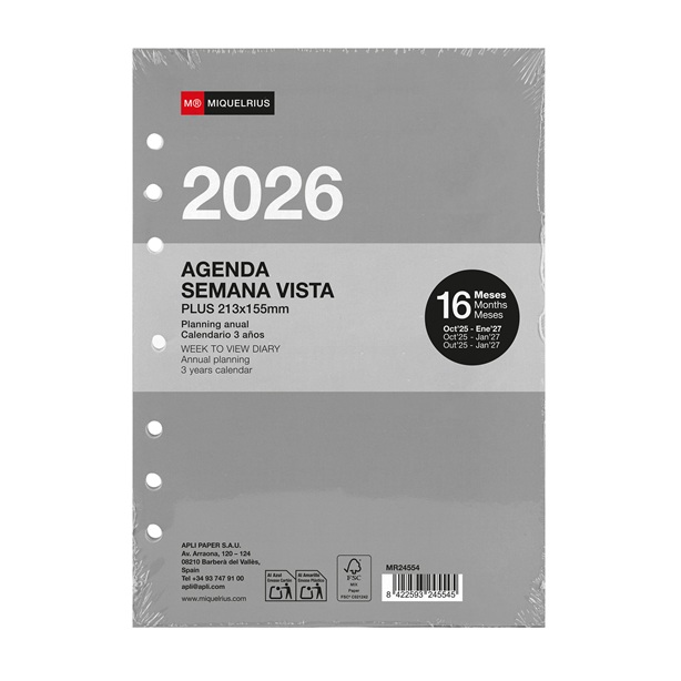 RECAMBIO AGENDA ANILLAS MIQUELRIUS INTEGRAL PLUS S/V CASTELLANO 2026