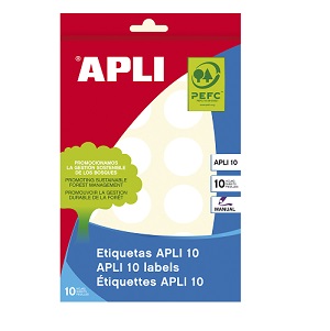 ETIQUETA ADHESIVA APLI 10 CIRCULO DE 25MM DE DIAMETRO COLOR BLANCO BLISTER 10 HOJAS