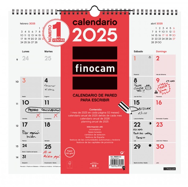 CALENDARIO DE PARED FINOCAM 2025 CASTELLANO CON ESPARCIO PARA ESCRIBIR 34X32CM. 
