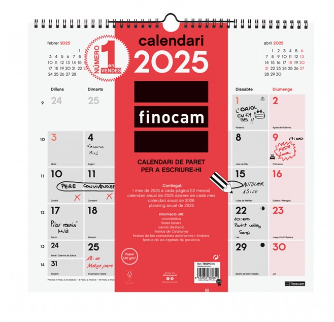 CALENDARIO DE PARED FINOCAM 2025 CATALAN CON ESPACIO PARA ESCRIBIR 34X32CM. 