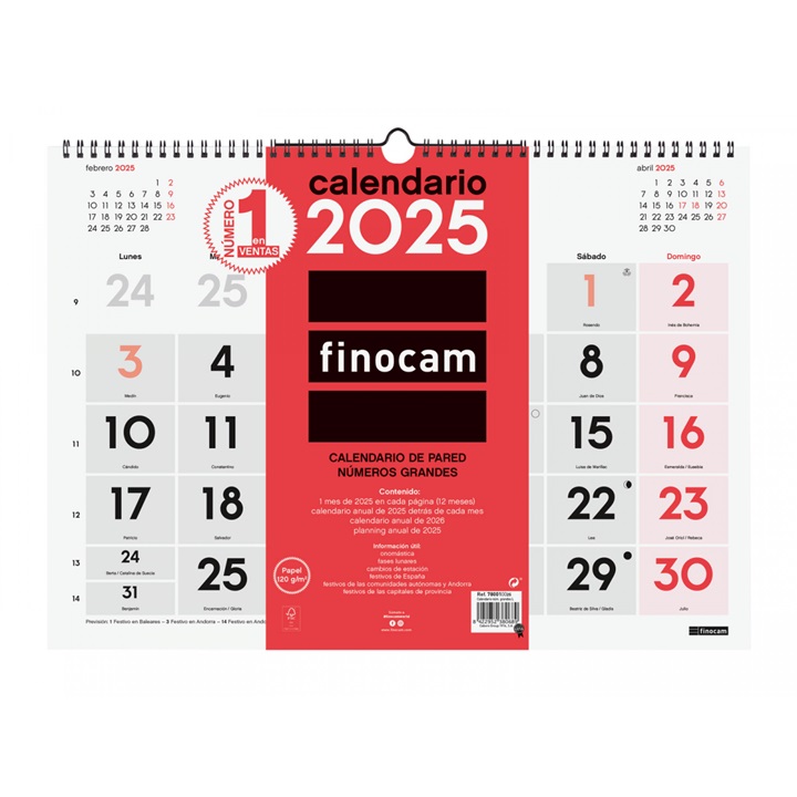 CALENDARIO DE PARED FINOCAM 2025 CASTELLANO NMEROS GRANDES 43X31CM.