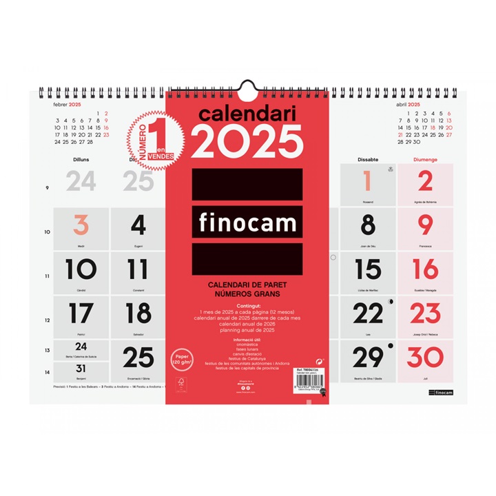 CALENDARIO DE PARED FINOCAM 2025 CASTELLANO NOMBRES GRANDES 43X31CM.